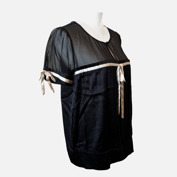 Bebe Y2K Coquette Short Sleeve Silk Blouse Black with Cream Ribbon Detailing - Picture 5 of 14